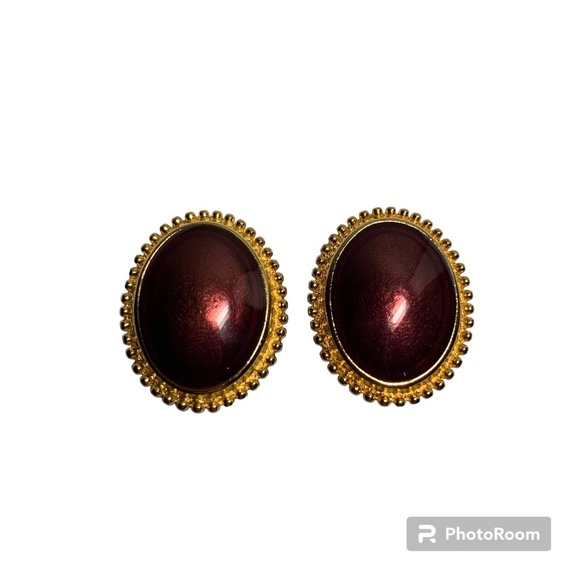 Vintage 1950's Tifari Earrings Wine Gold Tone Oval Clip On 1 inch Jewelry - Picture 1 of 8